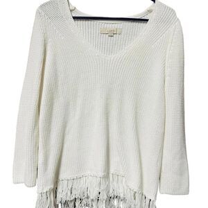 LOFT White Fringe Hem Knit Sweater